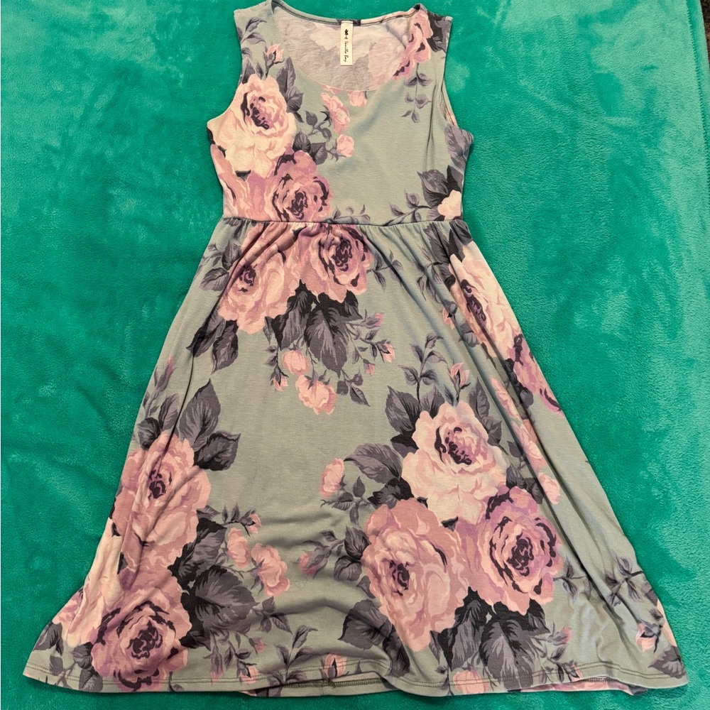 Floral Sleeveless Dress - Pink and Gray